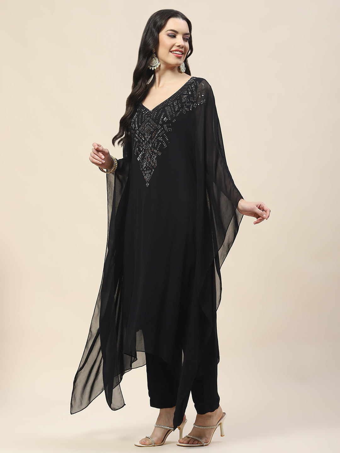 Neck Embroidered Georgette Kurta With Pants