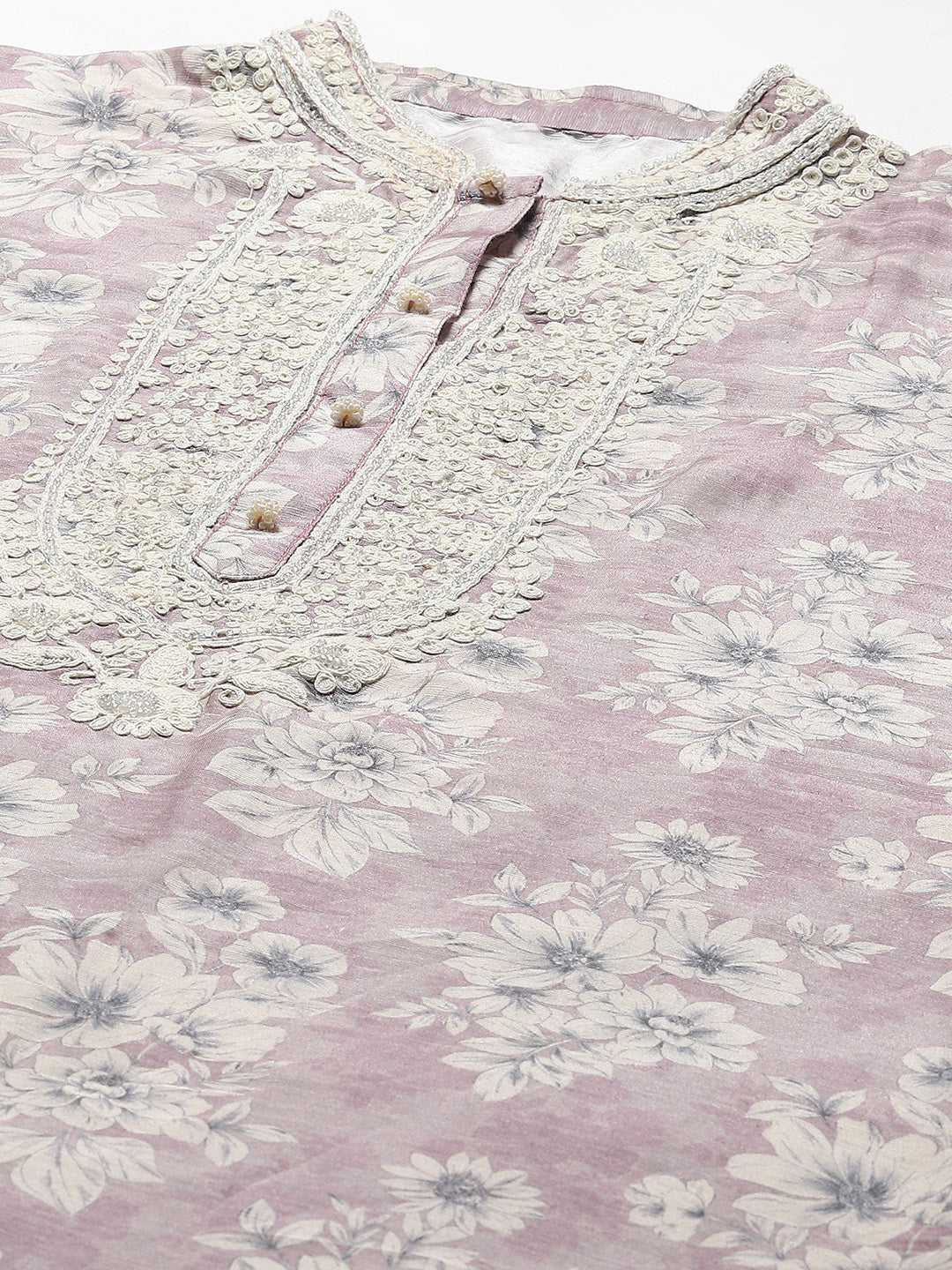 Printed With Resham Neck Embroidered Cotton Kurta