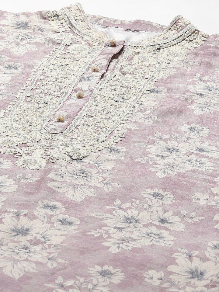 Printed With Resham Neck Embroidered Cotton Kurta