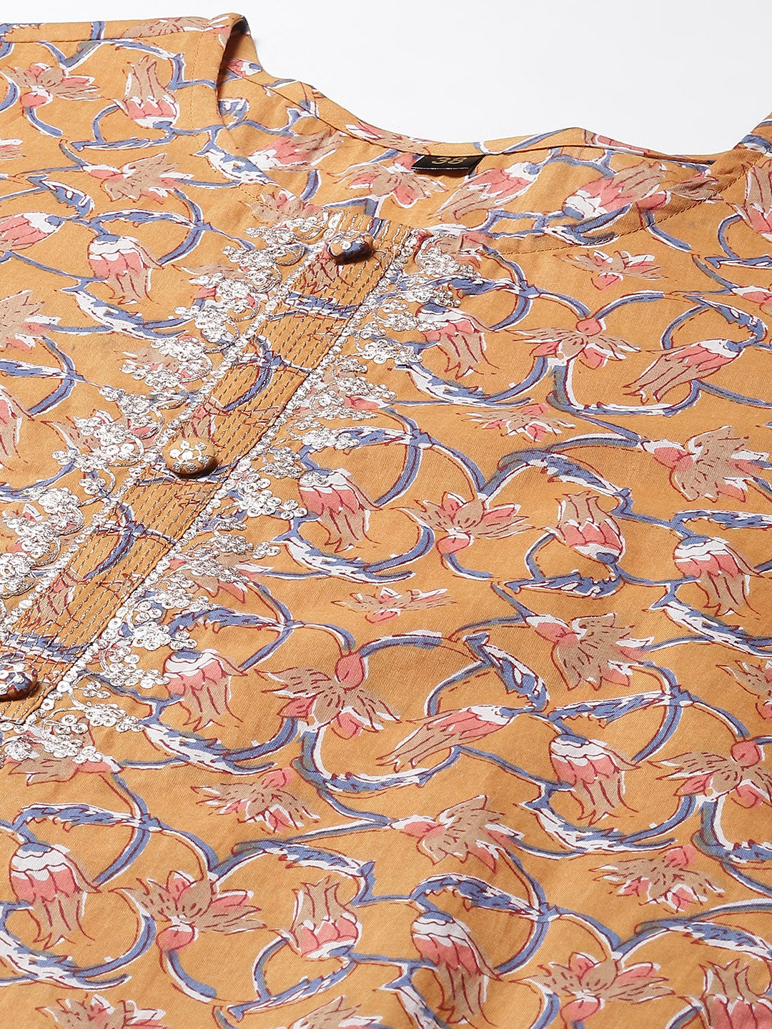 Printed &amp; Neck Embroidered Cotton Kurta