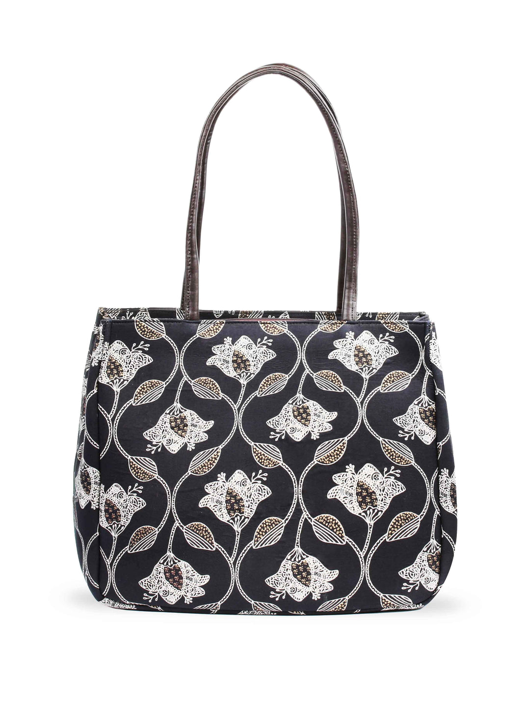 Black Printed Cotton Handbag With Pouch