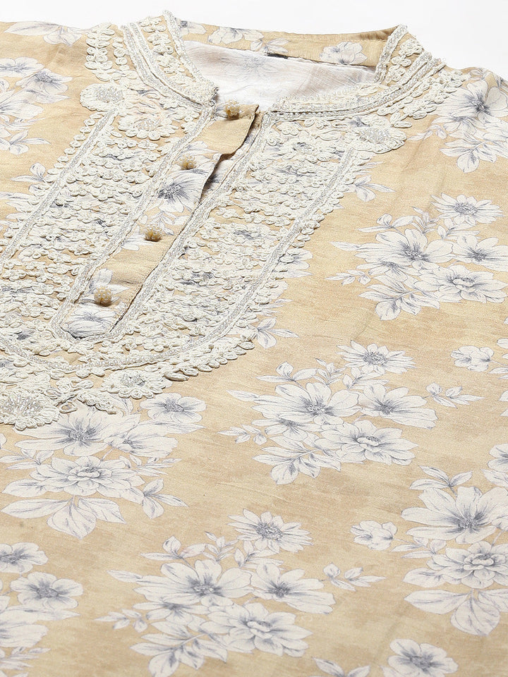 Printed With Resham Neck Embroidered Cotton Kurta