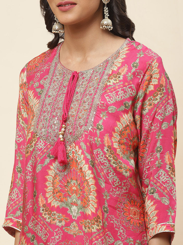 Floral Printed Cotton Kurta With Sharara &amp; Dupatta