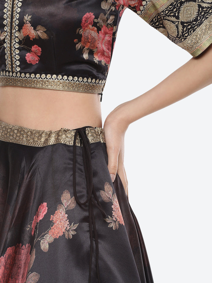 Floral Printed Satin Choli With Lehenga &amp; Net Dupatta