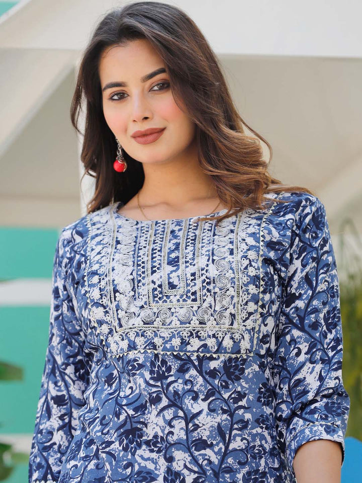 Neck Embroidered &amp; Printed Cotton Kurta With Pants