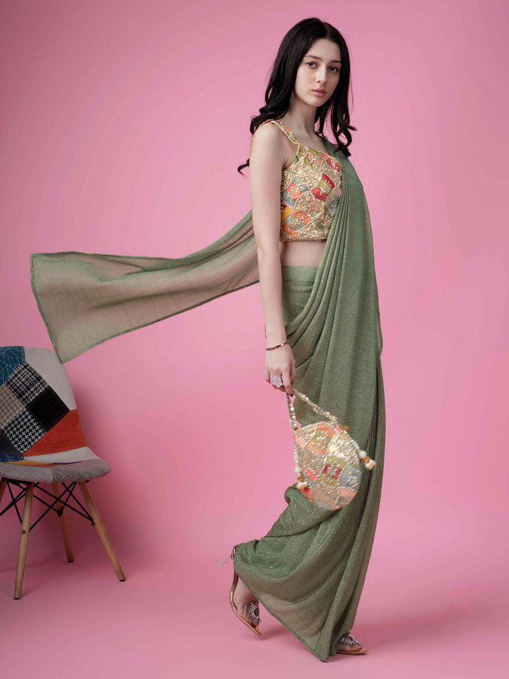 Plain Lycra Readymade Saree With Stitched Blouse