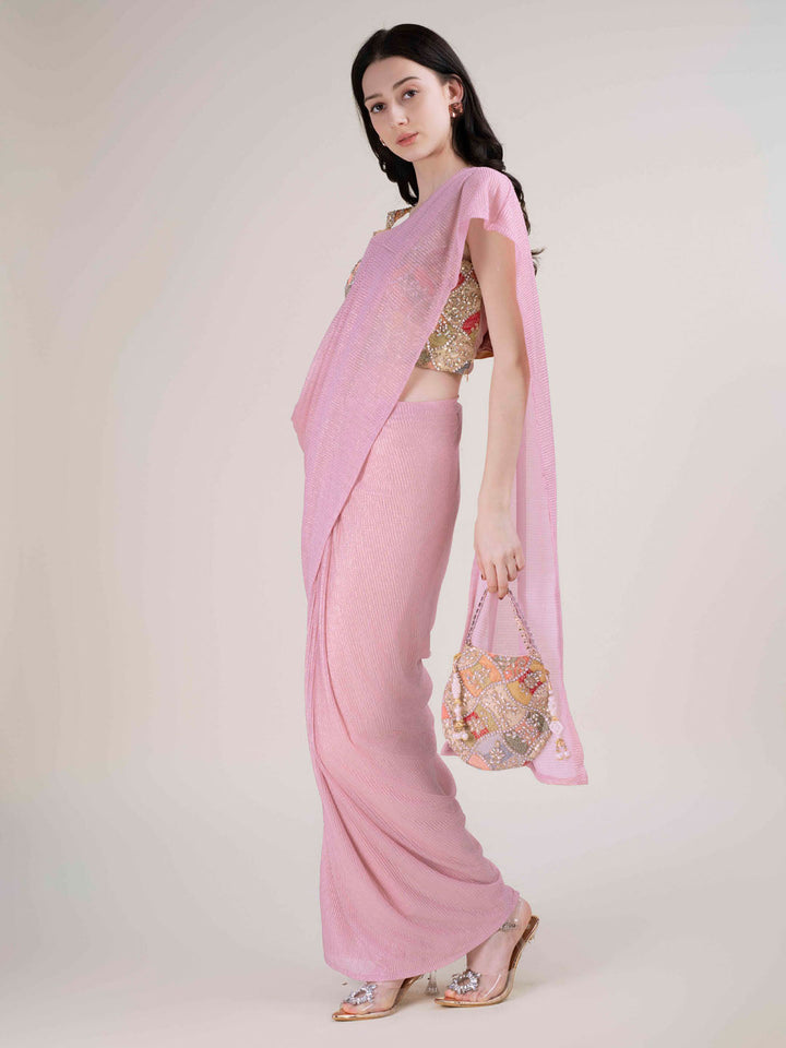 Plain Lycra Readymade Saree With Stitched Blouse
