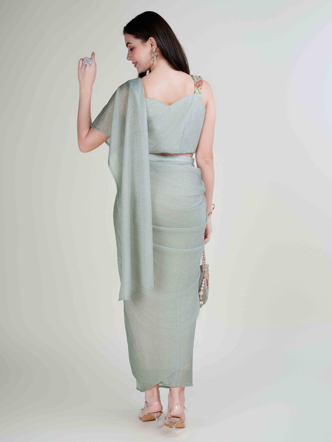 Plain Lycra Readymade Saree With Stitched Blouse