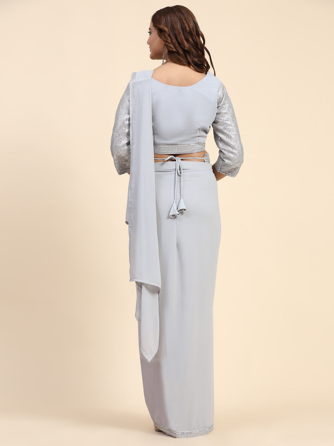 Plain Georgette Readymade Saree With Stitched Blouse &amp; Belt