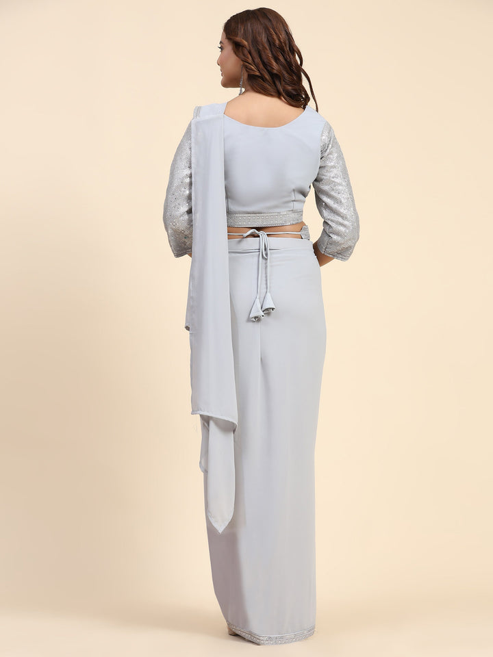 Plain Georgette Readymade Saree With Stitched Blouse &amp; Belt