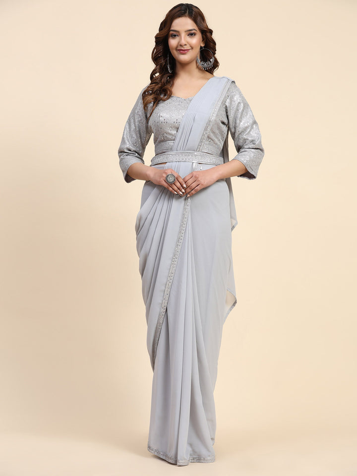 Plain Georgette Readymade Saree With Stitched Blouse &amp; Belt