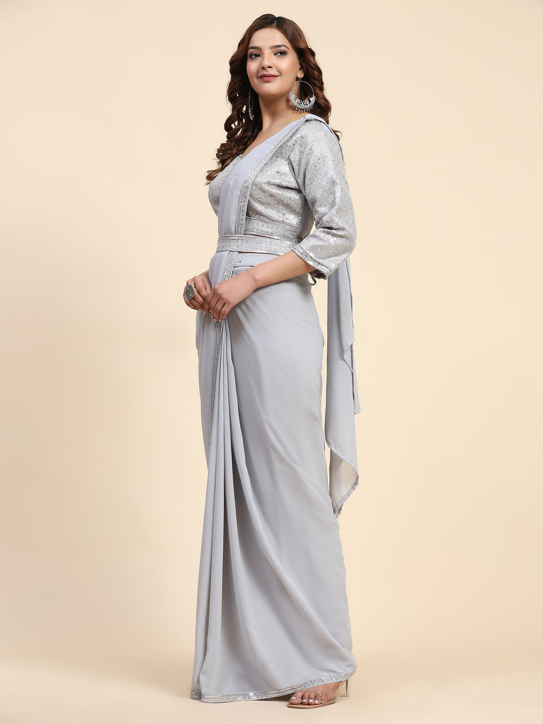Plain Georgette Readymade Saree With Stitched Blouse &amp; Belt