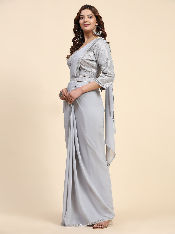 Plain Georgette Readymade Saree With Stitched Blouse &amp; Belt