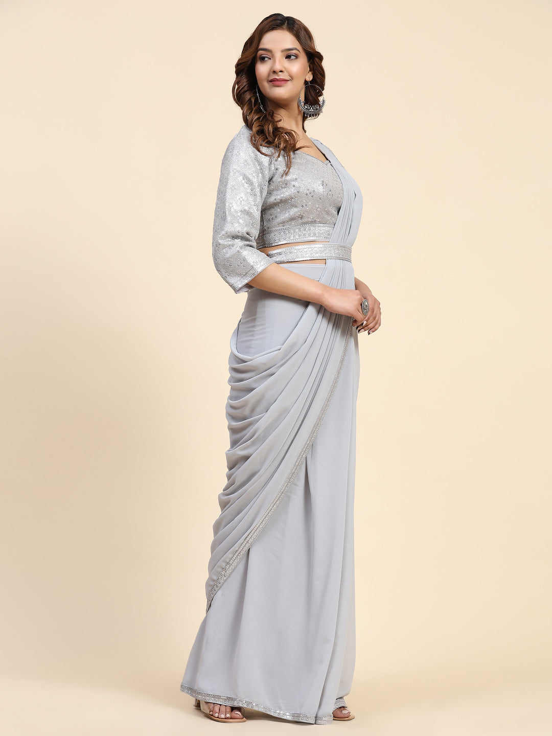 Plain Georgette Readymade Saree With Stitched Blouse &amp; Belt