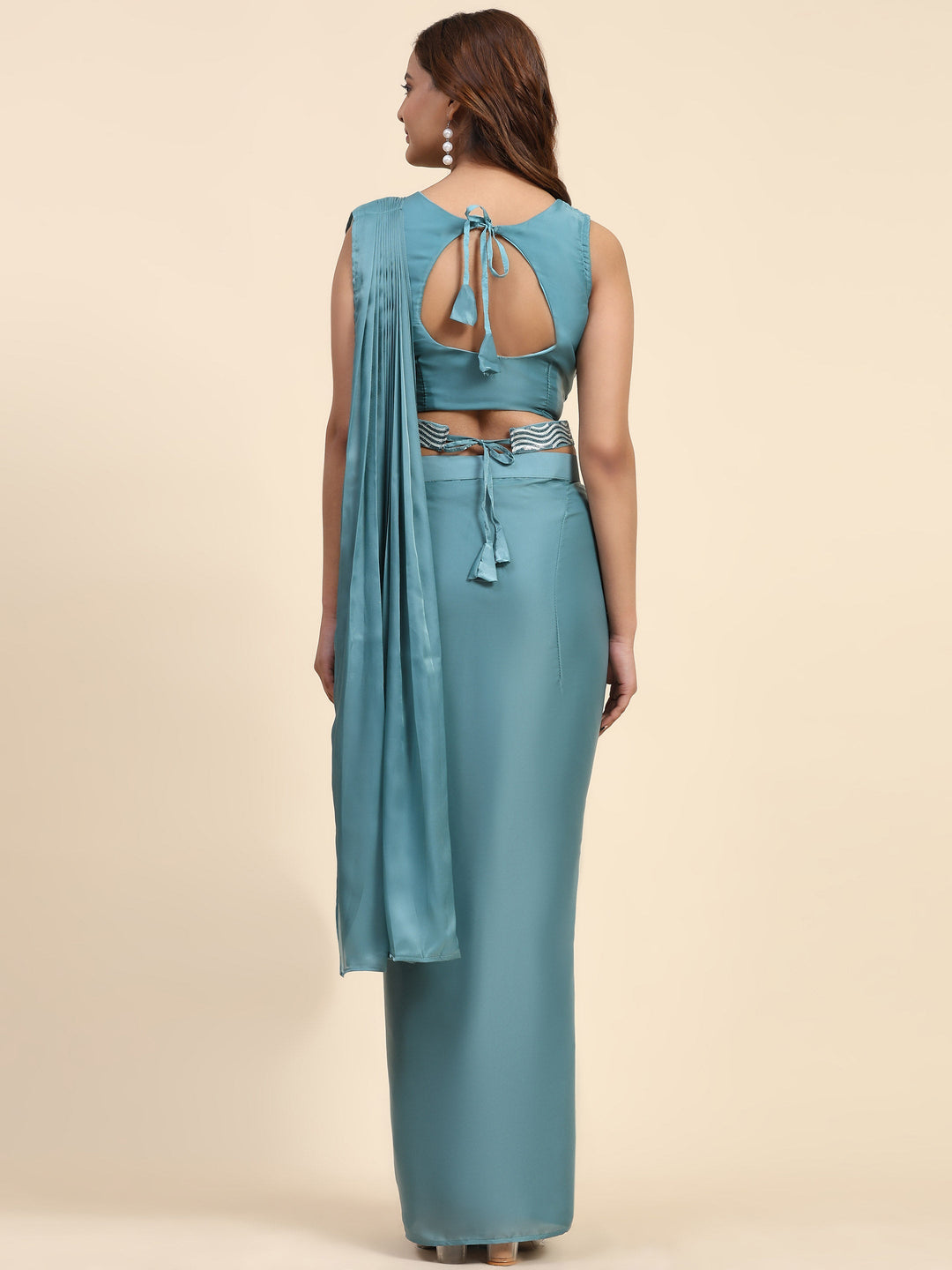 Plain Lycra Readymade Saree With Stitched Blouse With Belt