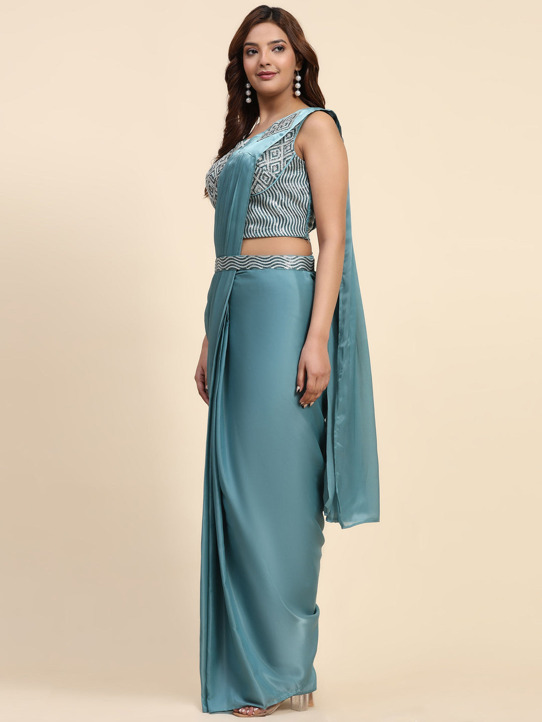 Plain Lycra Readymade Saree With Stitched Blouse With Belt