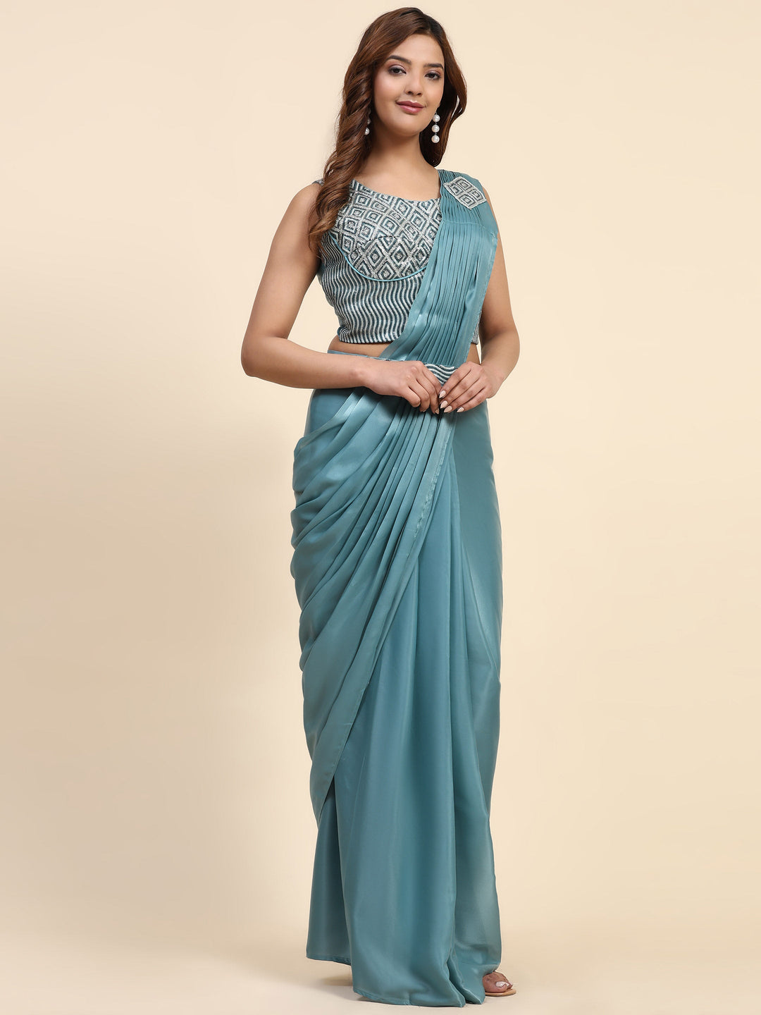 Plain Lycra Readymade Saree With Stitched Blouse With Belt