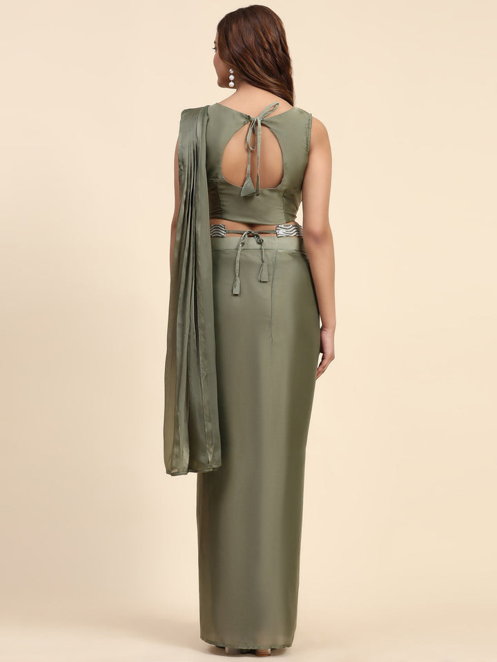 Plain Lycra Readymade Saree With Stitched Blouse With Belt