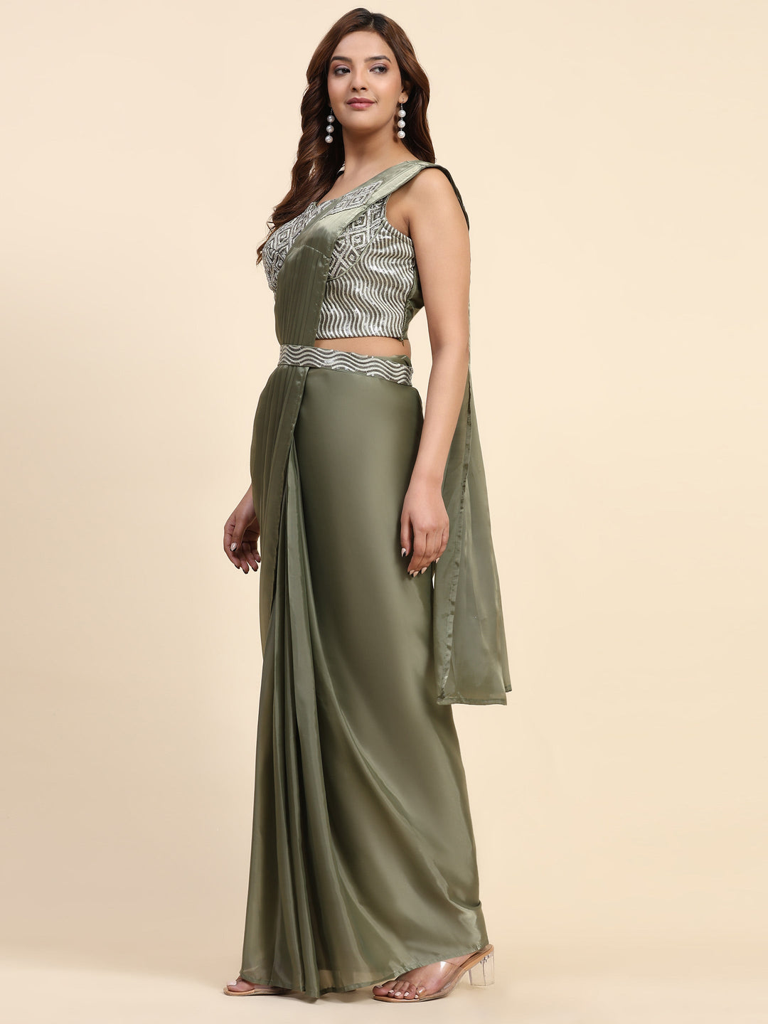 Plain Lycra Readymade Saree With Stitched Blouse With Belt