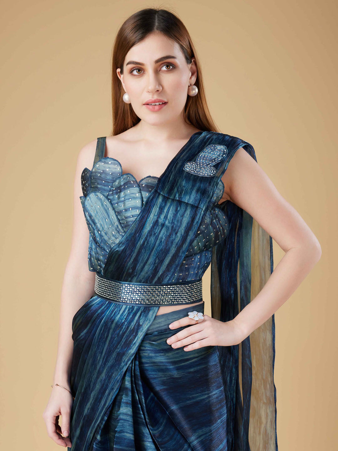 Printed Organza Readymade Saree With Stitched Blouse &amp; Belt