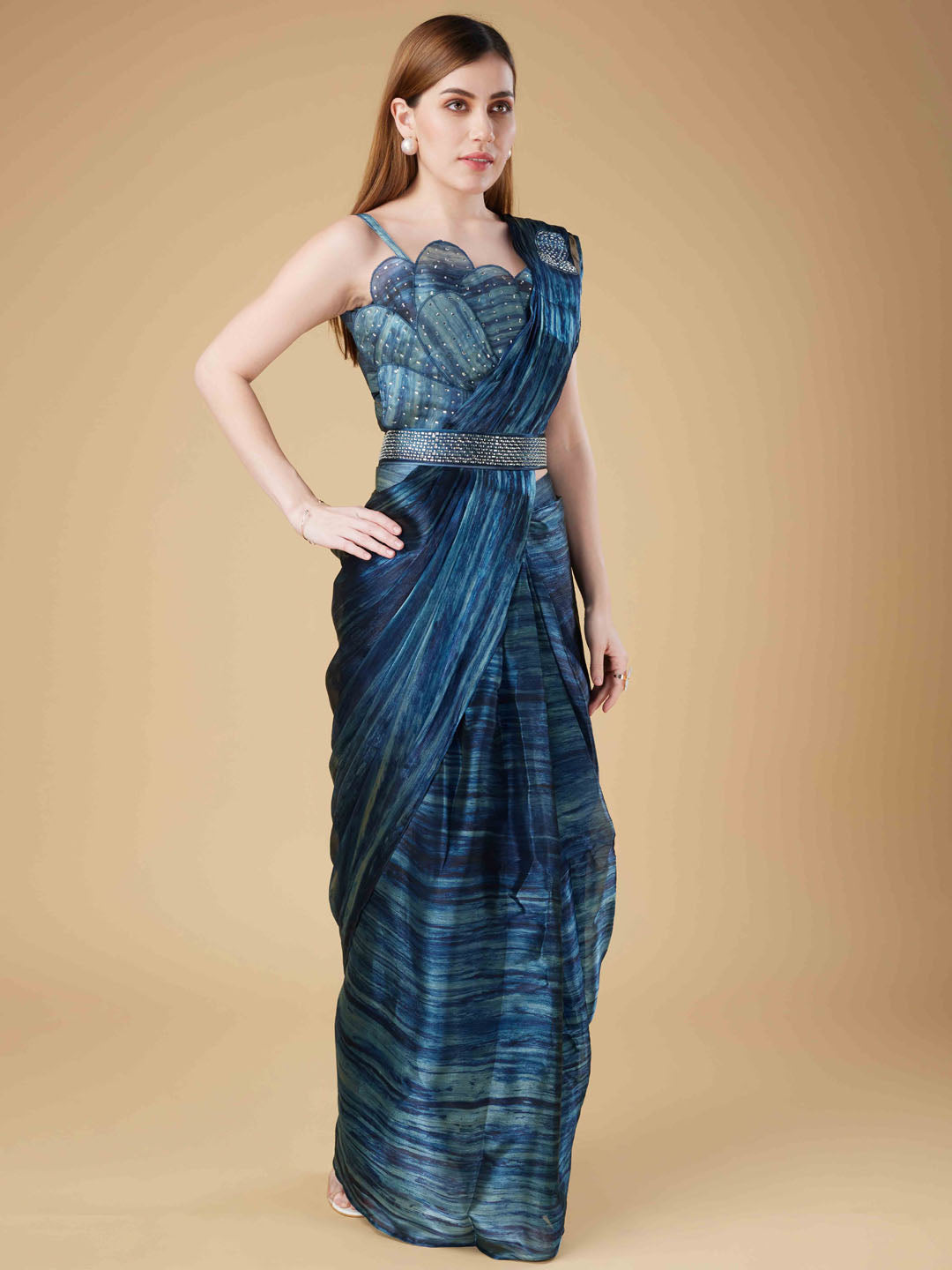 Printed Organza Readymade Saree With Stitched Blouse &amp; Belt