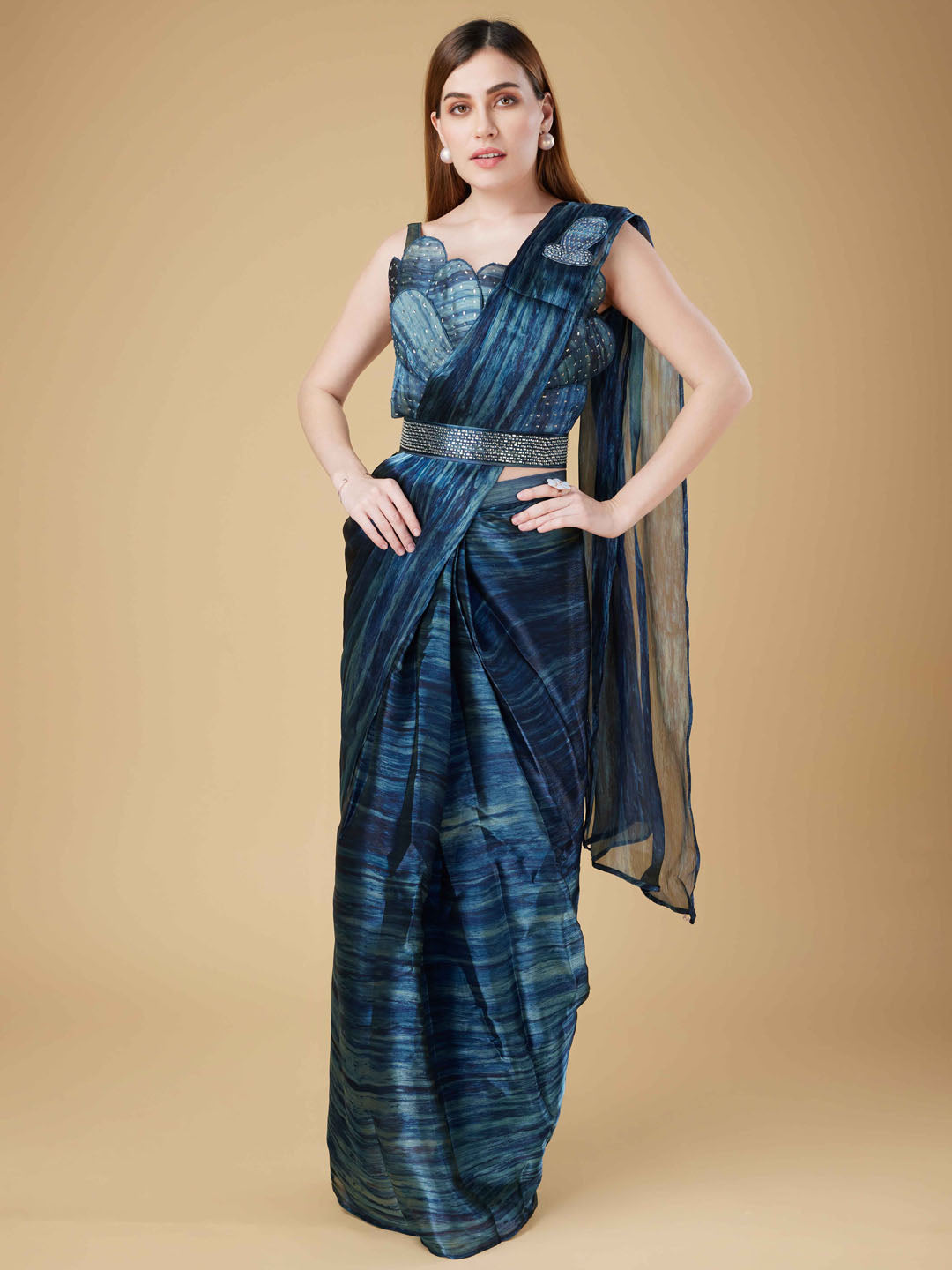Printed Organza Readymade Saree With Stitched Blouse &amp; Belt