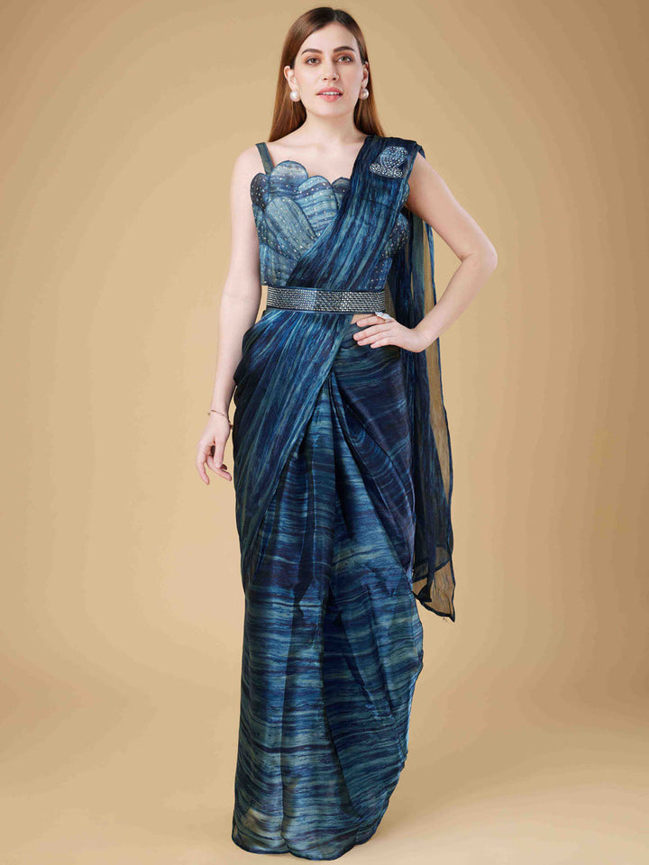 Printed Organza Readymade Saree With Stitched Blouse &amp; Belt
