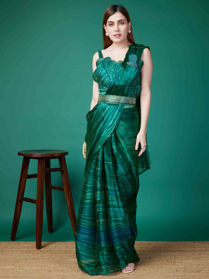 Printed Organza Readymade Saree With Stitched Blouse &amp; Belt