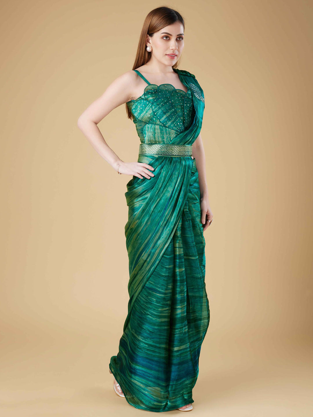 Printed Organza Readymade Saree With Stitched Blouse &amp; Belt