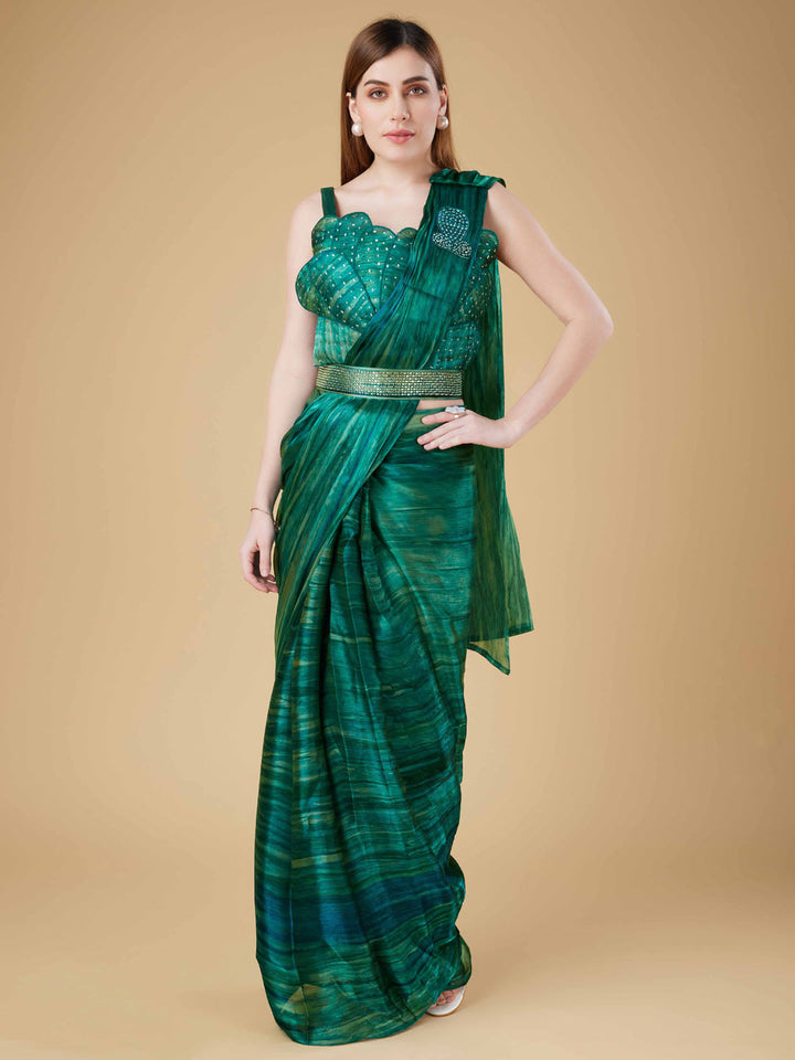 Printed Organza Readymade Saree With Stitched Blouse &amp; Belt