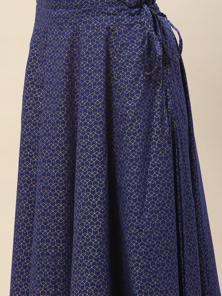 Printed Neck Patti Cotton Kurta With Skirt