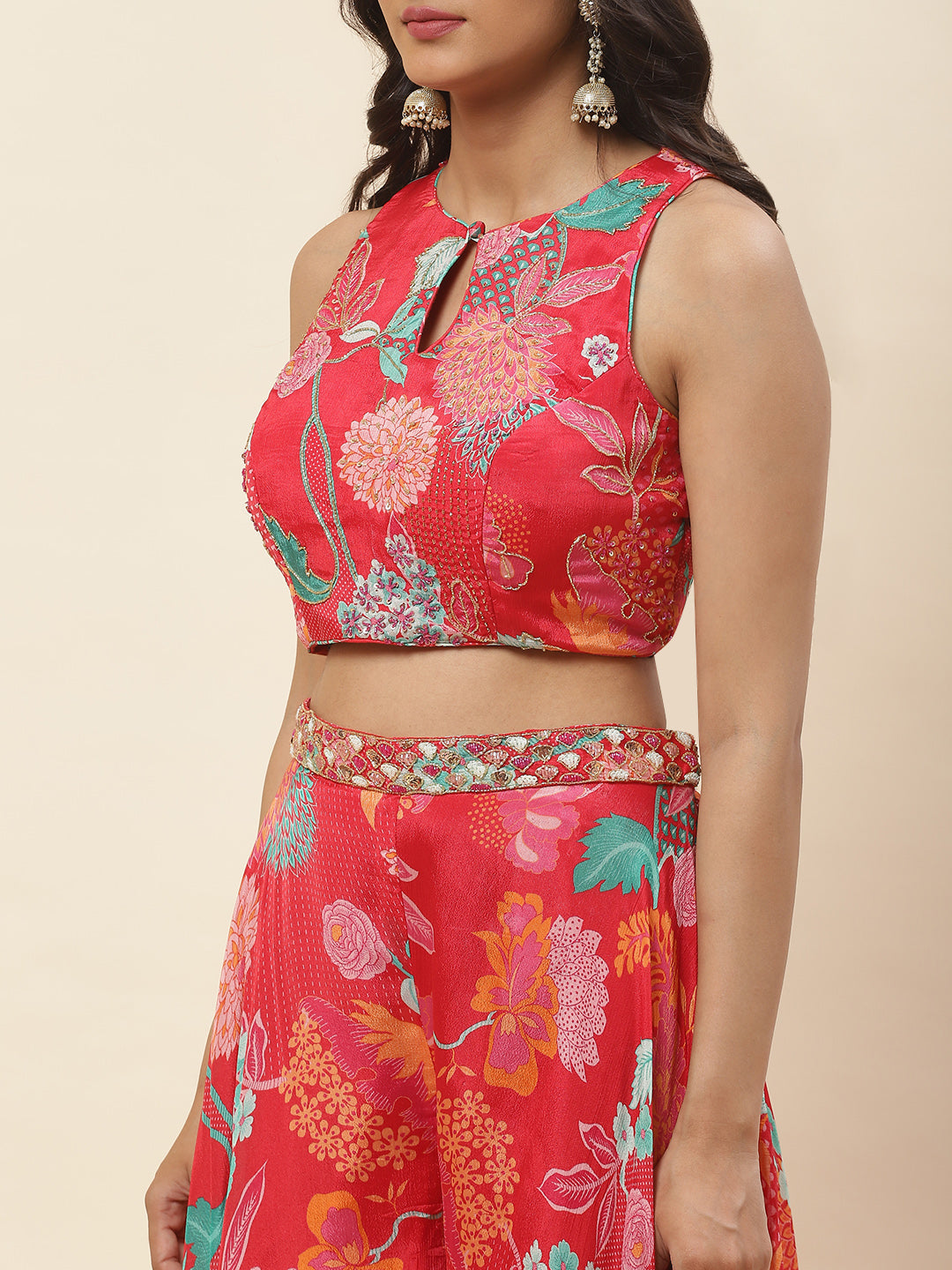 Floral Printed Crepe Crop Top With Palazzo &amp; Dupatta