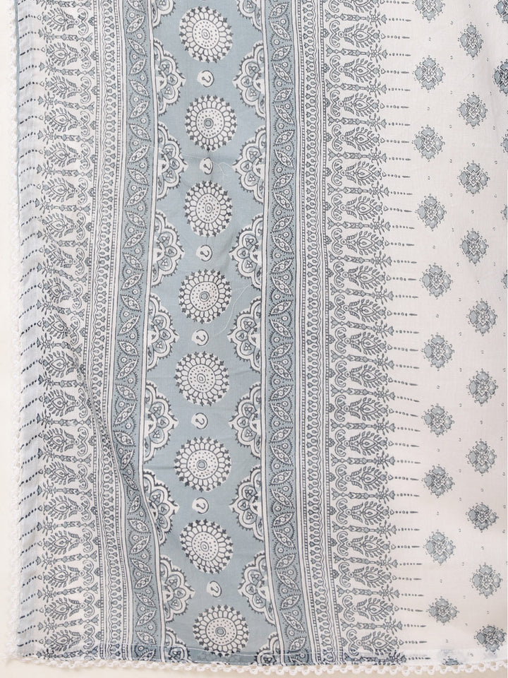 Floral Printed Cotton Kurta With Pants &amp; Dupatta
