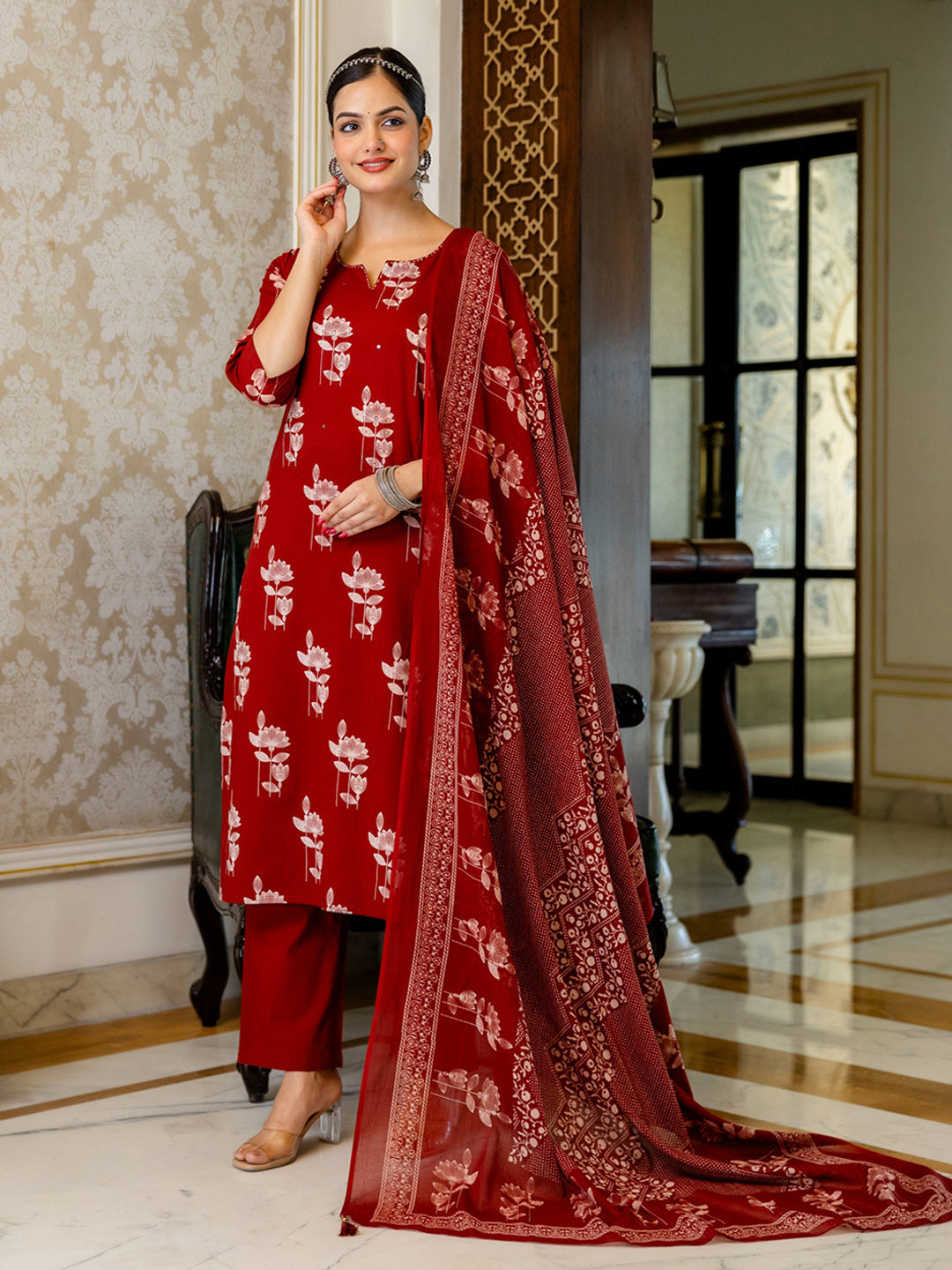 Red Cotton Blend Printed Straight Suit Set