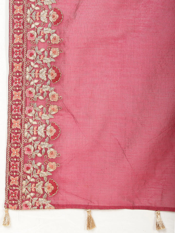Neck Embroidered Chanderi Kurta With Pants &amp; Dupatta