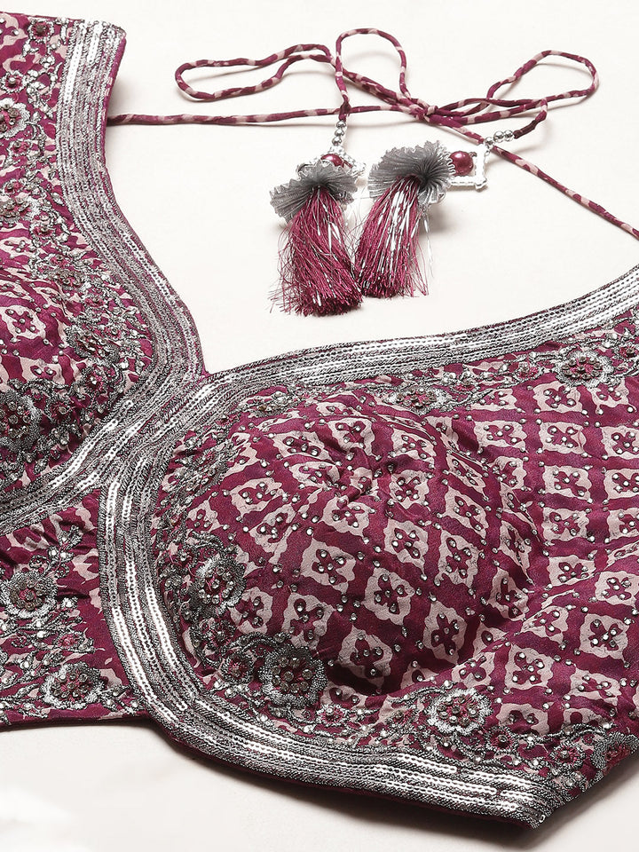 Printed Sequin Embroidered Crepe Choli With Lehenga &amp; Net Dupatta