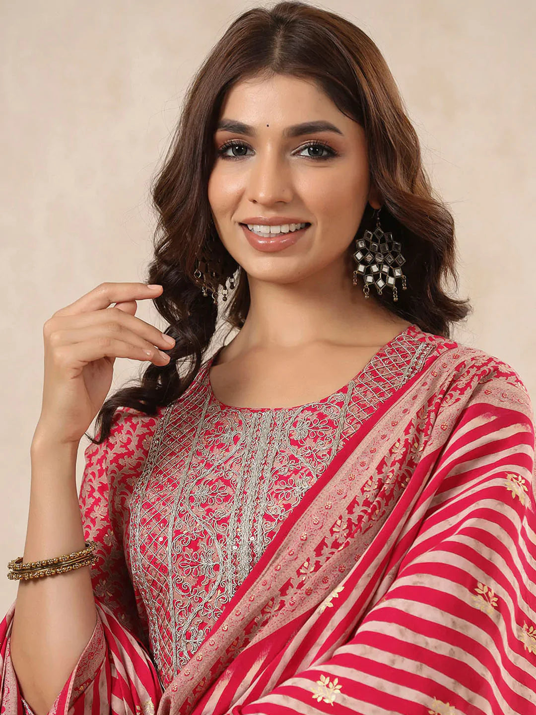 Neck Embroidered Muslin Kurta With Pants &amp; Dupatta