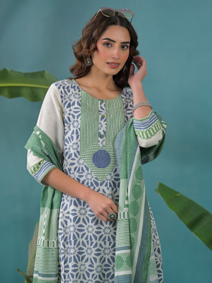Cream Cotton Blend Printed Straight Suit Set