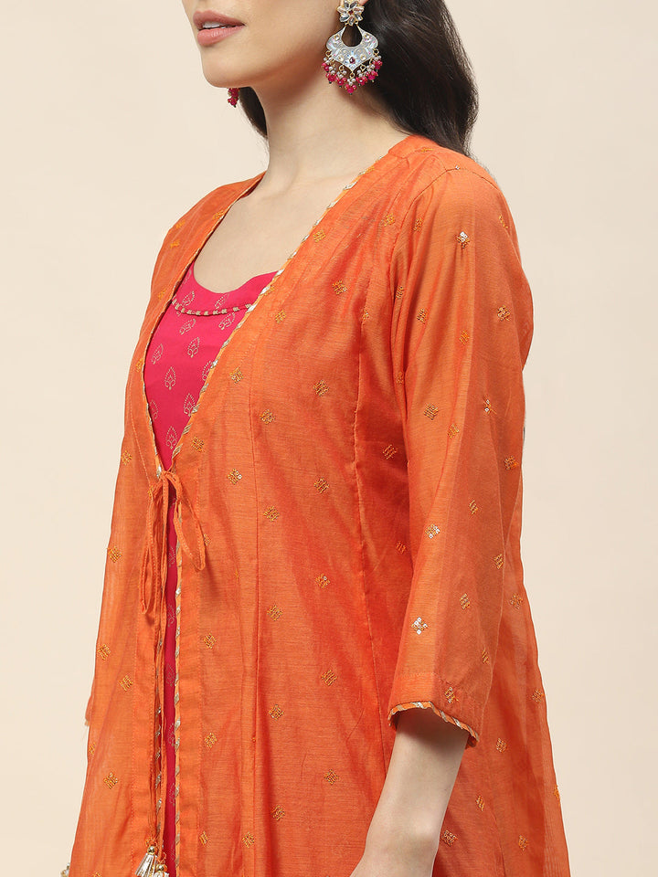 Embroidered Chanderi Kurta With Cape &amp; Pants