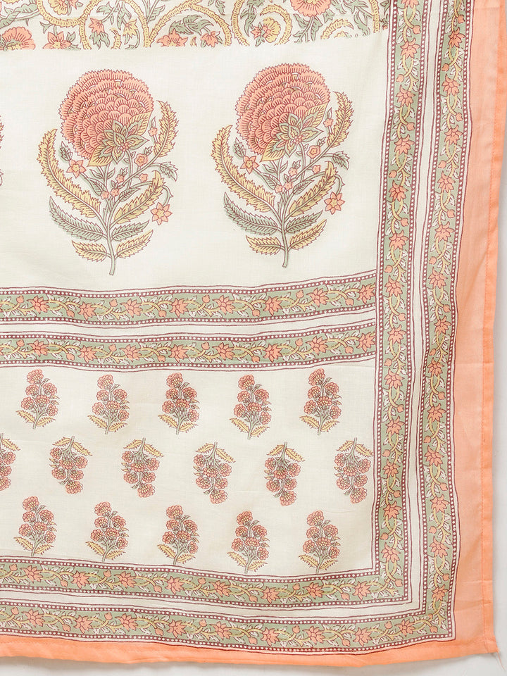 Floral Block Printed Cotton Kurta With Pants &amp; Dupatta