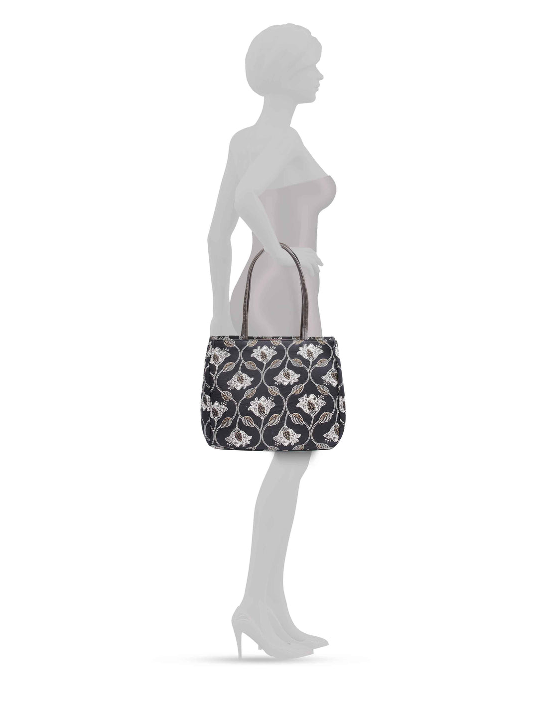 Black Printed Cotton Handbag With Pouch