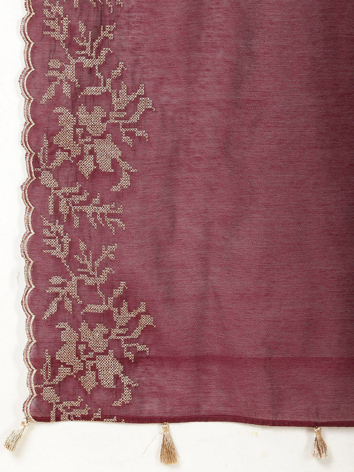 Embroidered Cotton Kurta With Pants &amp; Dupatta