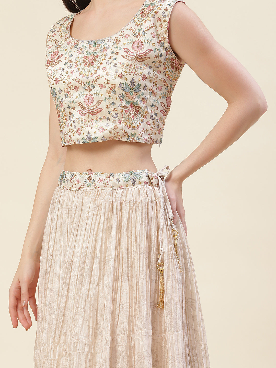 Floral Printed Crepe Choli With Lehenga &amp; Dupatta