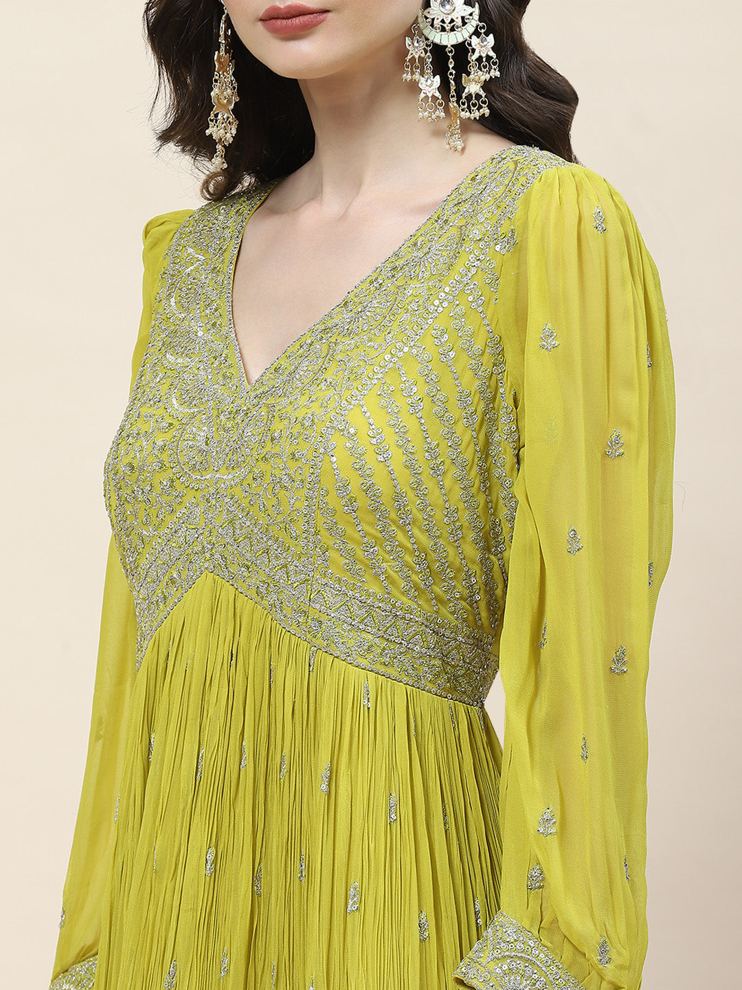 Sequin Embroidery Georgette Kurta With Churidar &amp; Dupatta
