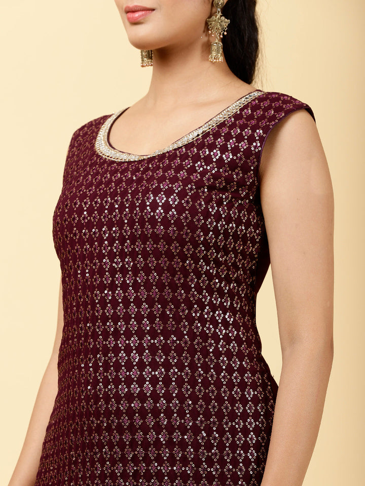 Sequin Embroidered Georgette Kurta With Garara &amp; Dupatta
