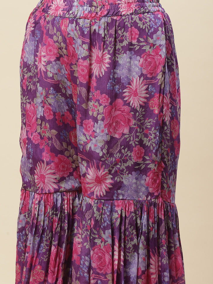 Floral Printed Chinnon Kurti With Garara &amp; Dupatta