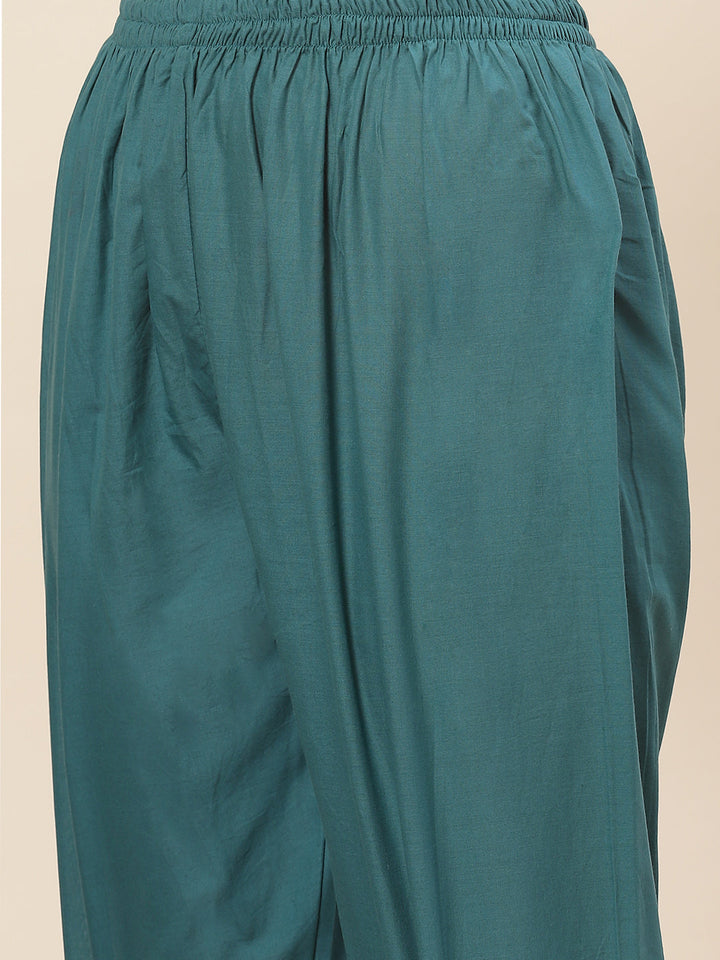 Printed &amp; Neck Embroidered Chanderi Kurta With Pants &amp; Dupatta