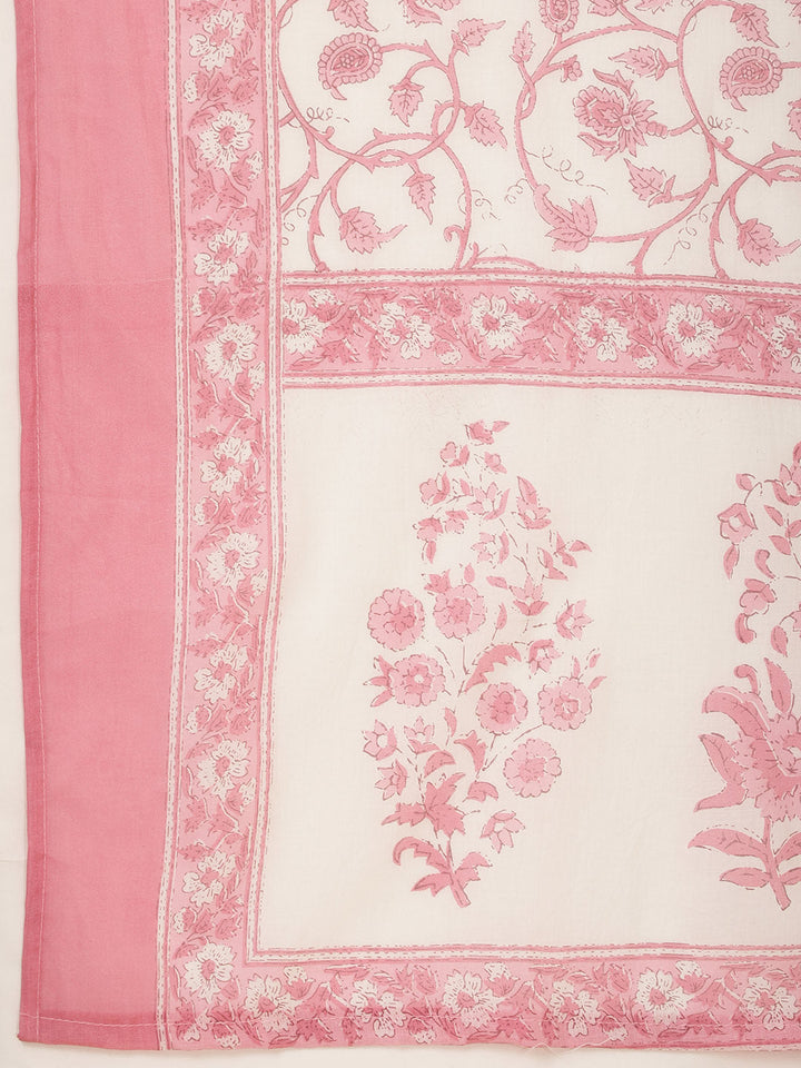 Floral Block Printed Cotton Kurta With Pants &amp; Dupatta