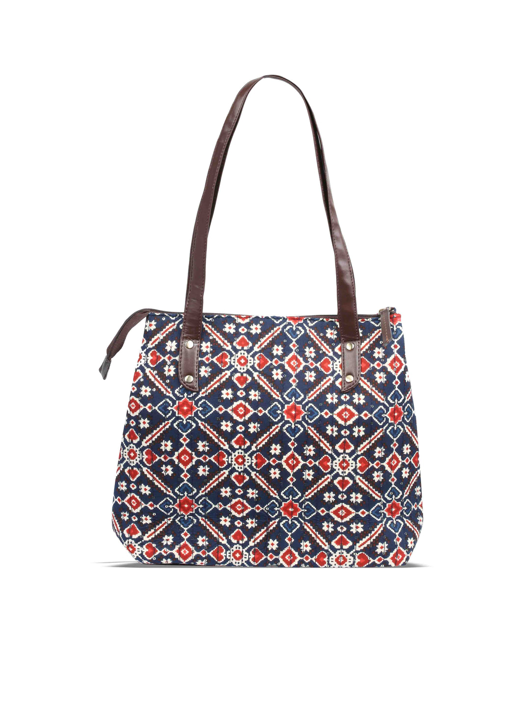 Navy Blue &amp; Maroon Printed Cotton Handbag With Pouch