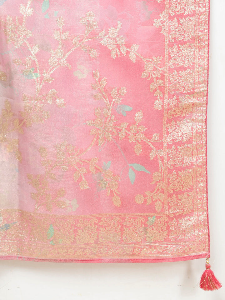 Floral Woven Tissue Kurta With Pants &amp; Dupatta